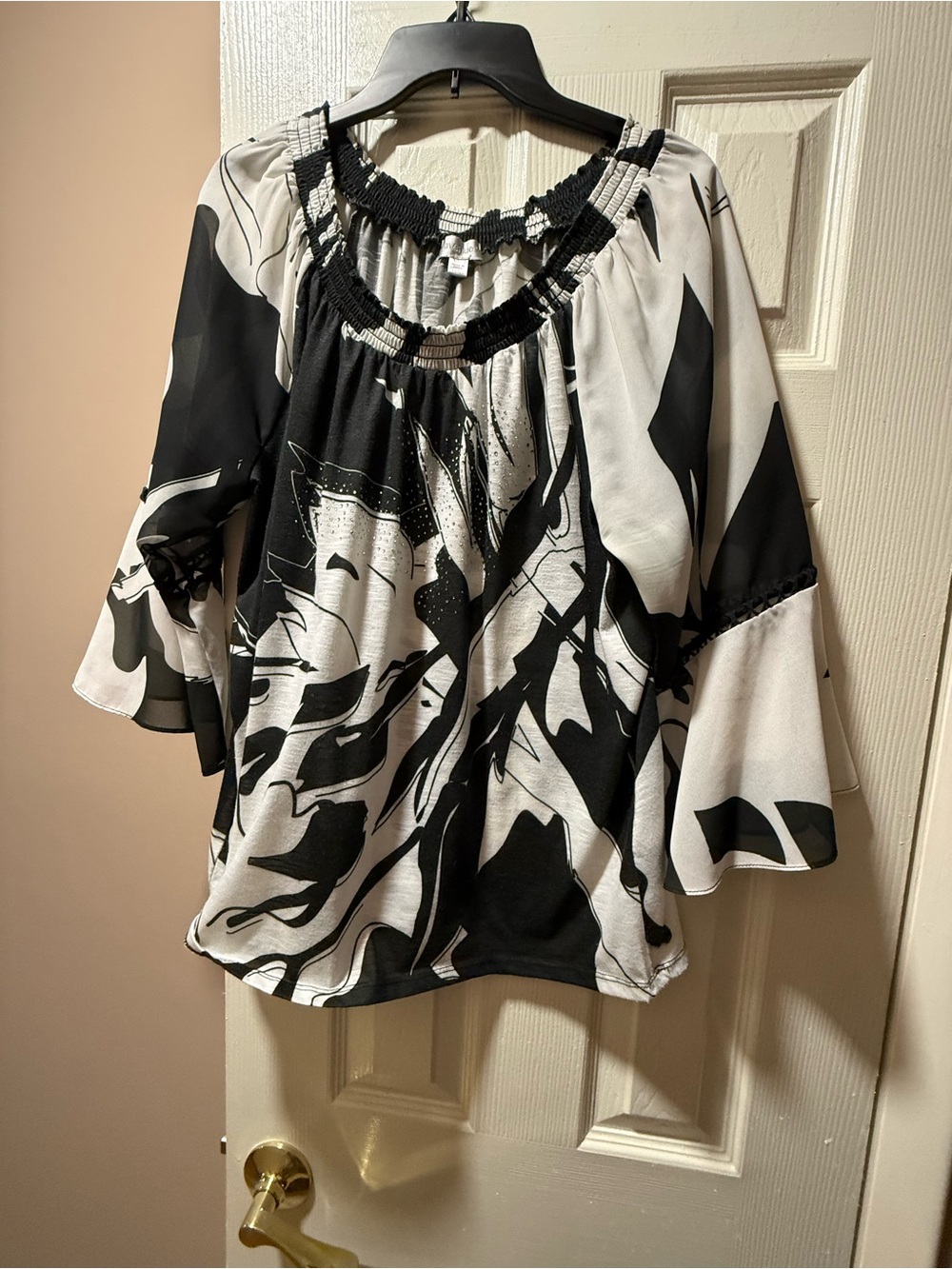 Avenue Black & White Printed Off-Shoulder Peasant Top